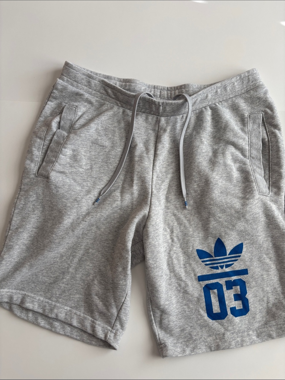 adidas Gray Athletic Shorts with Blue Trefoil and 03 Graphic, men’s M